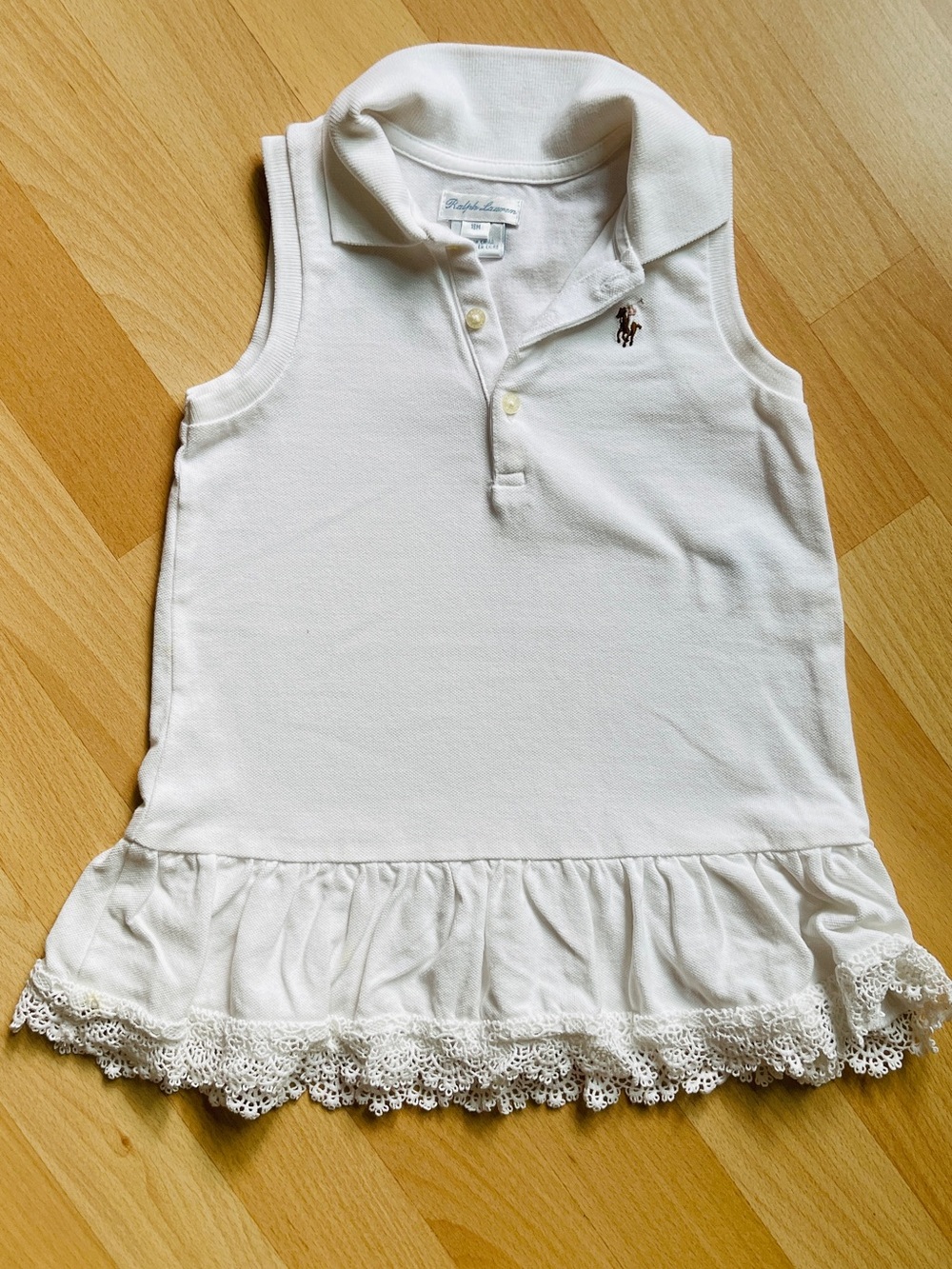 Ralph Lauren White Sleeveless Polo Dress with Lace Hem